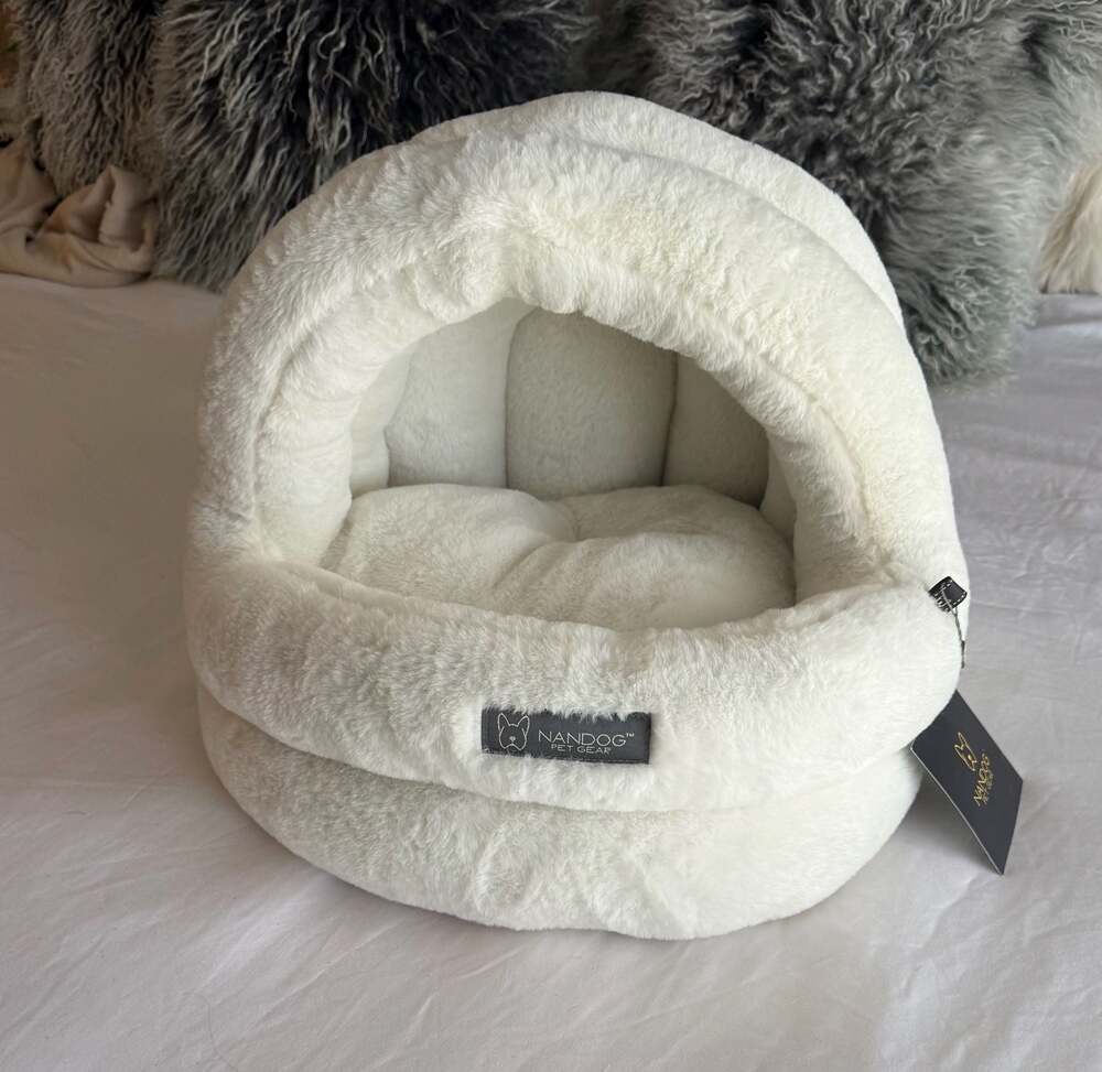 Nandog Pet Gear White Plush Hooded Cave Pet Bed